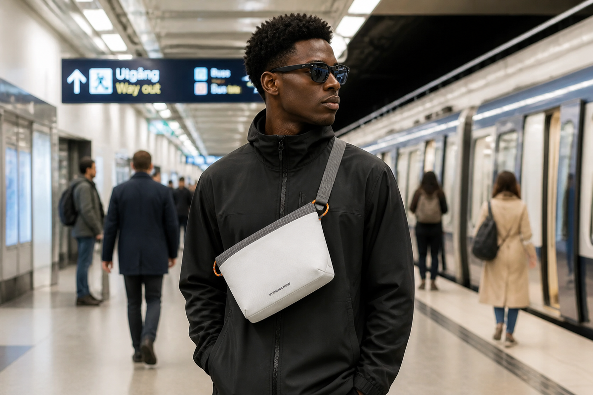 Modern urban commuter wearing a sleek white cross body bag for men on a subway platform.