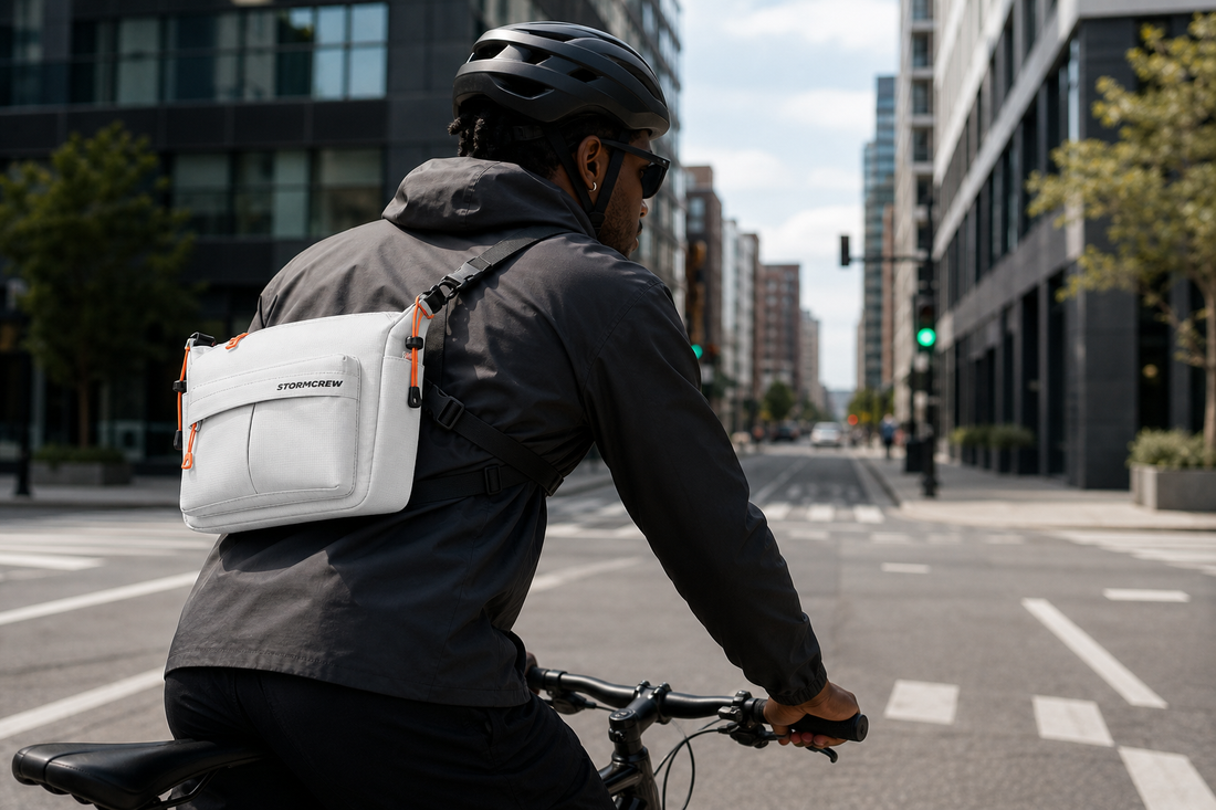 Urban cyclist commuting through city streets with a light gray daily sling bag and chest harness.