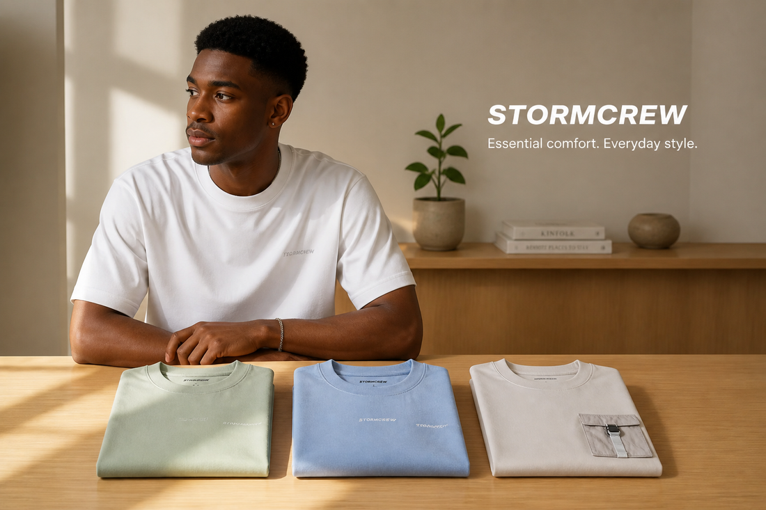 Man in a white tee sitting at a wooden table with folded crewnecks, showcasing the best t shirts for men.