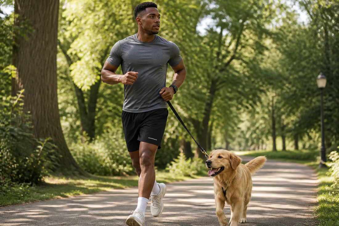 Active man jogging with a golden retriever along a park trail wearing black quick dry athletic shorts.