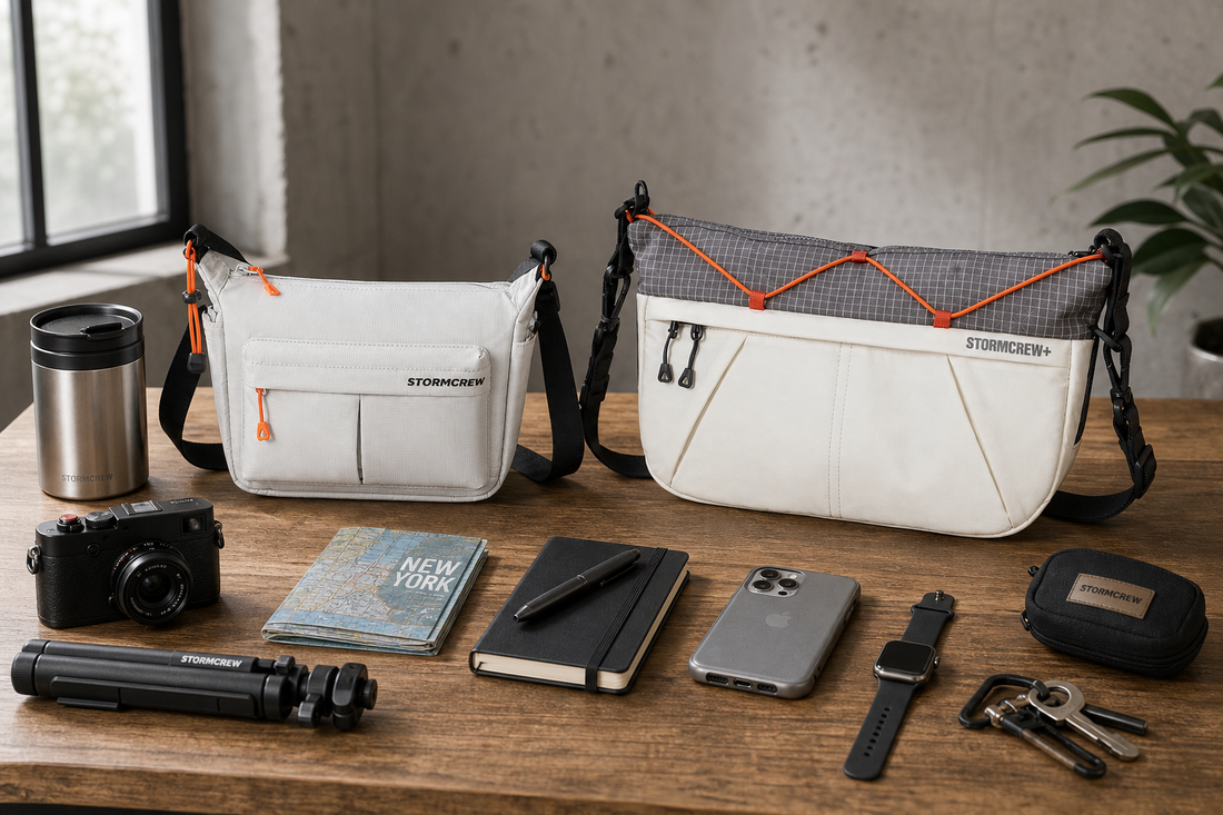 A 3L and 5L travel sling bag side-by-side on a wooden table surrounded by everyday carry items.