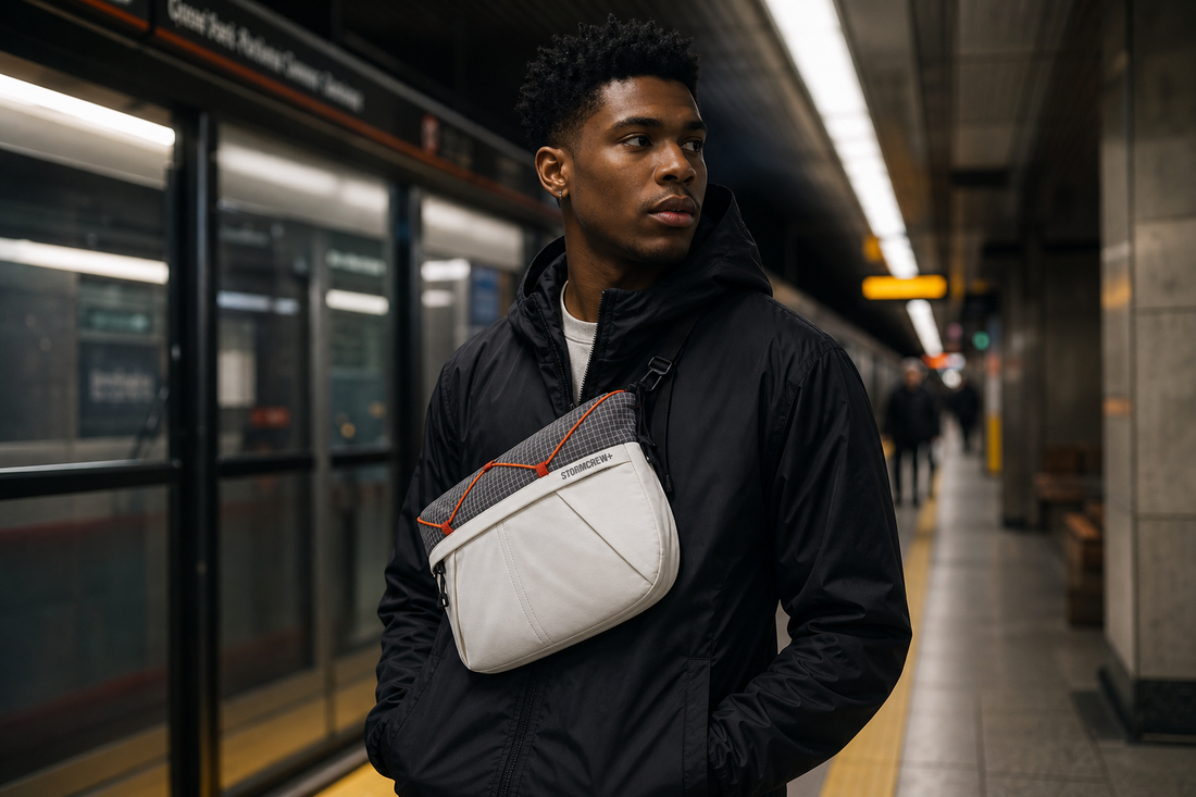 Urban commuter wearing a stylish lightweight sling bag across his chest on a subway platform.