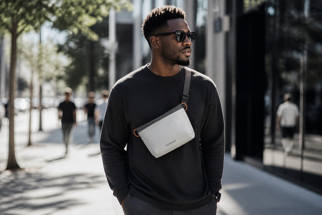 Stylish man walking down an urban street wearing a modern small man bag with leather accents.