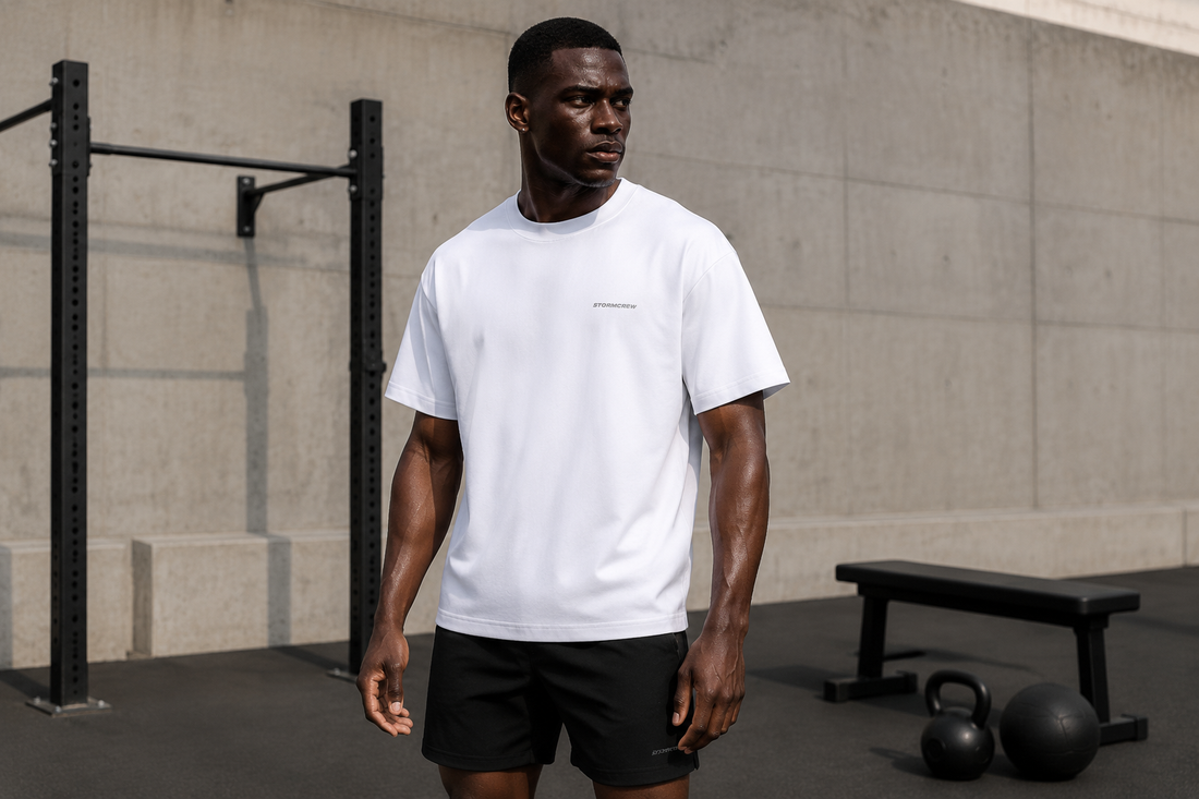 Athletic man in high-performance activewear, including black quick drying shorts, at a minimalist outdoor gym.