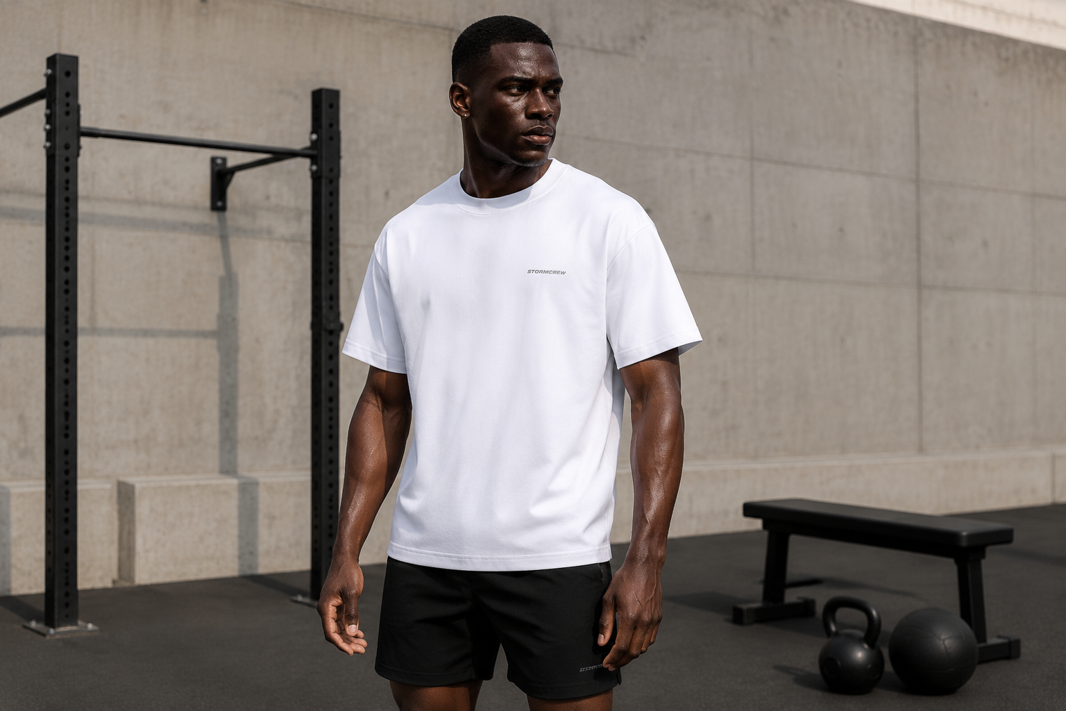 Athletic man in high-performance activewear, including black quick drying shorts, at a minimalist outdoor gym.