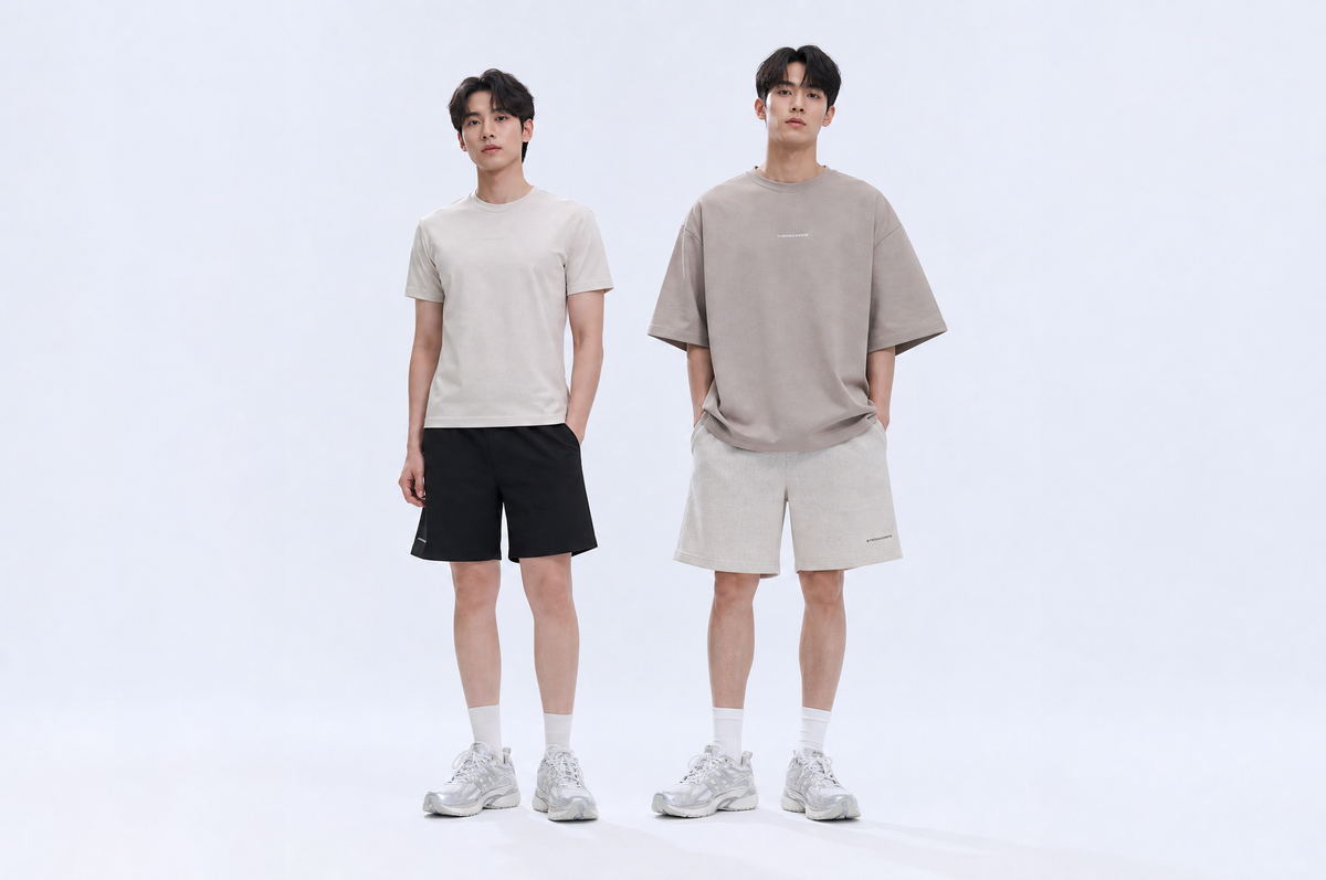 Two men in clean everyday outfits compare oversized vs regular fit basics with simple tees and shorts