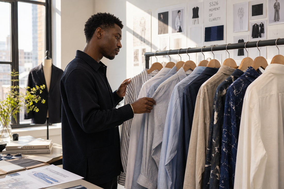 A menswear designer inspecting various types of shirts on a rack in a bright studio.