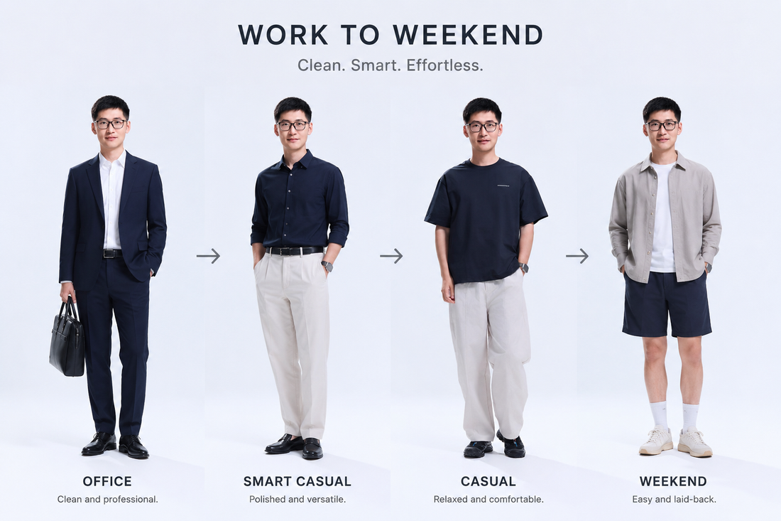 Man in clean smart-casual basics styled from office to weekend, showing everyday outfits for men work to weekend transitions