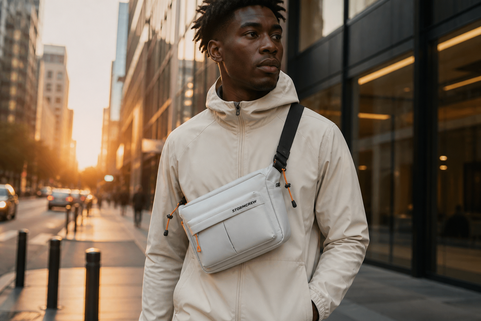 Stylish man wearing a modern mens sling purse across his chest on a sunset city street for urban fashion.