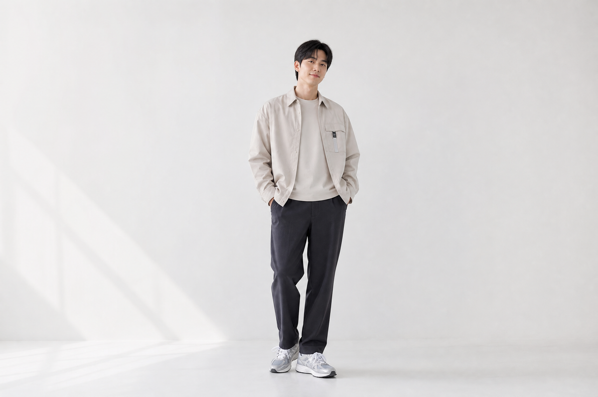 Clean everyday menswear in neutral layers, showing simple outfit formulas for men with easy proportions