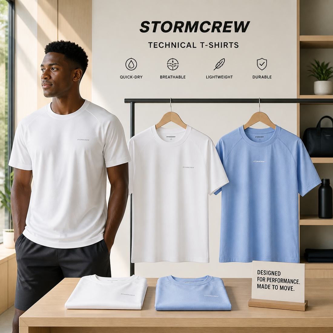 Man wearing a white quick dry t shirt next to hanging and folded technical shirts in a studio display.