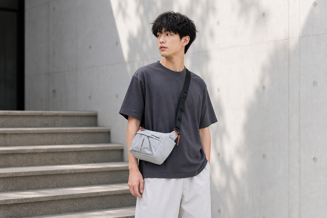 Stylish man wearing a minimalist grey men's cross bag on his urban commute by concrete stairs.