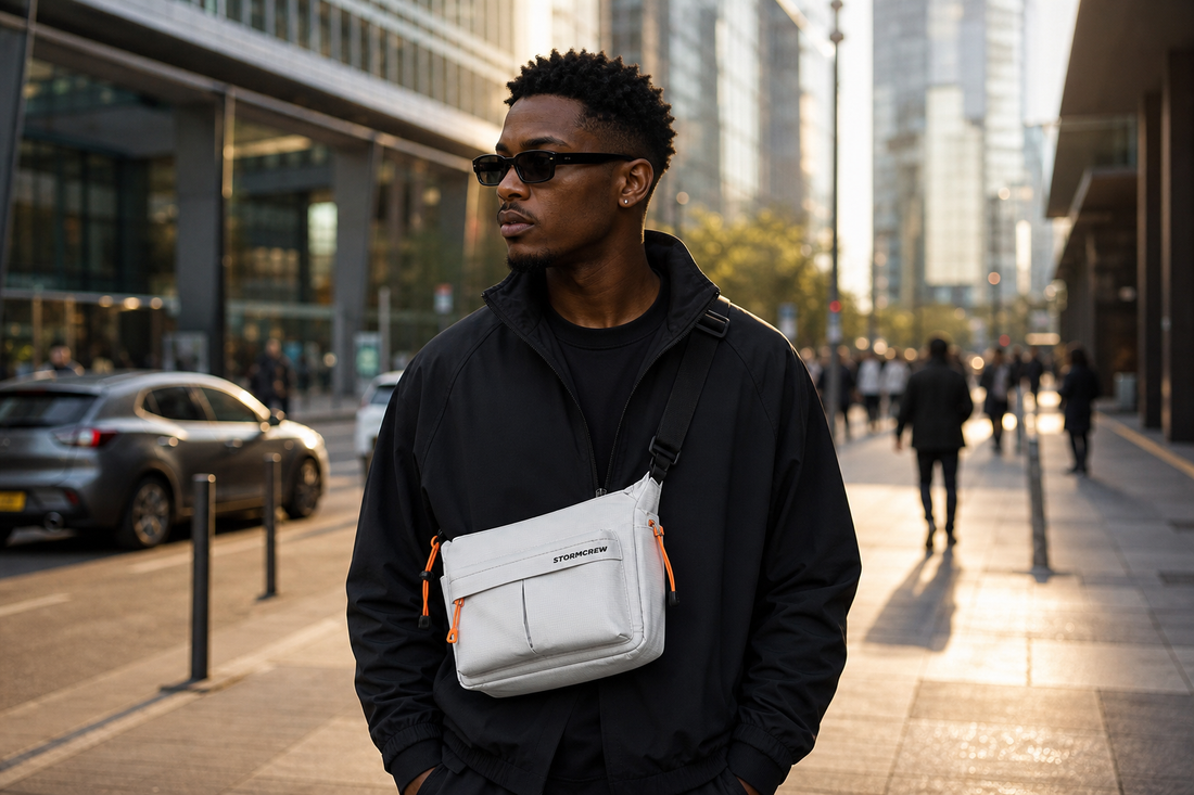 Urban commuter wearing a light grey crossbody bag, illustrating an ideal sling bag size for daily wear.