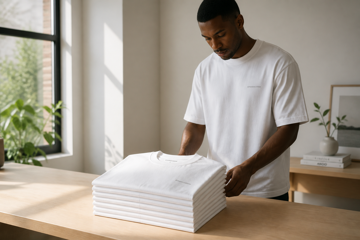A man organizing a neat stack of classic white color t shirts for men on a wooden studio table.