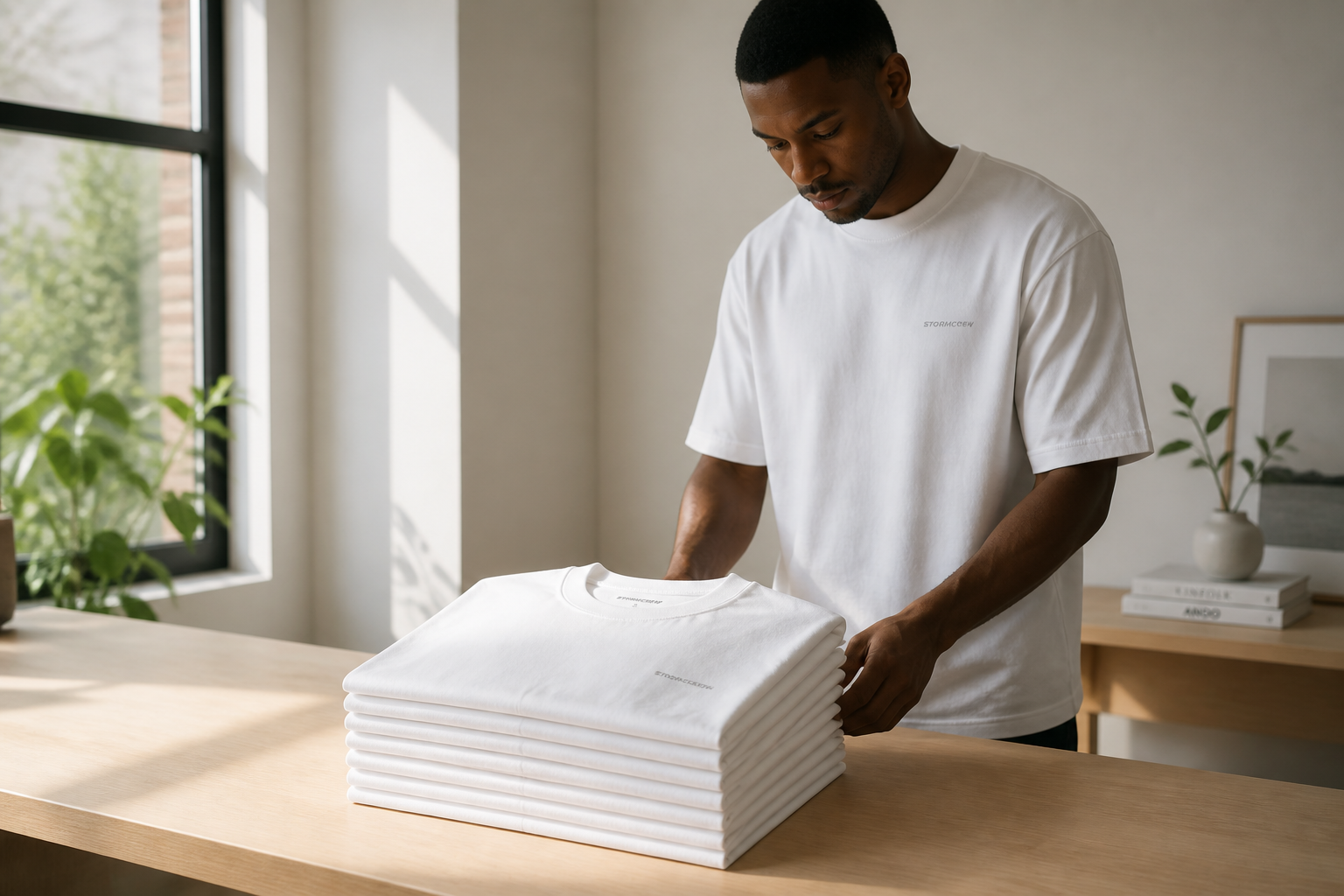 A man organizing a neat stack of classic white color t shirts for men on a wooden studio table.