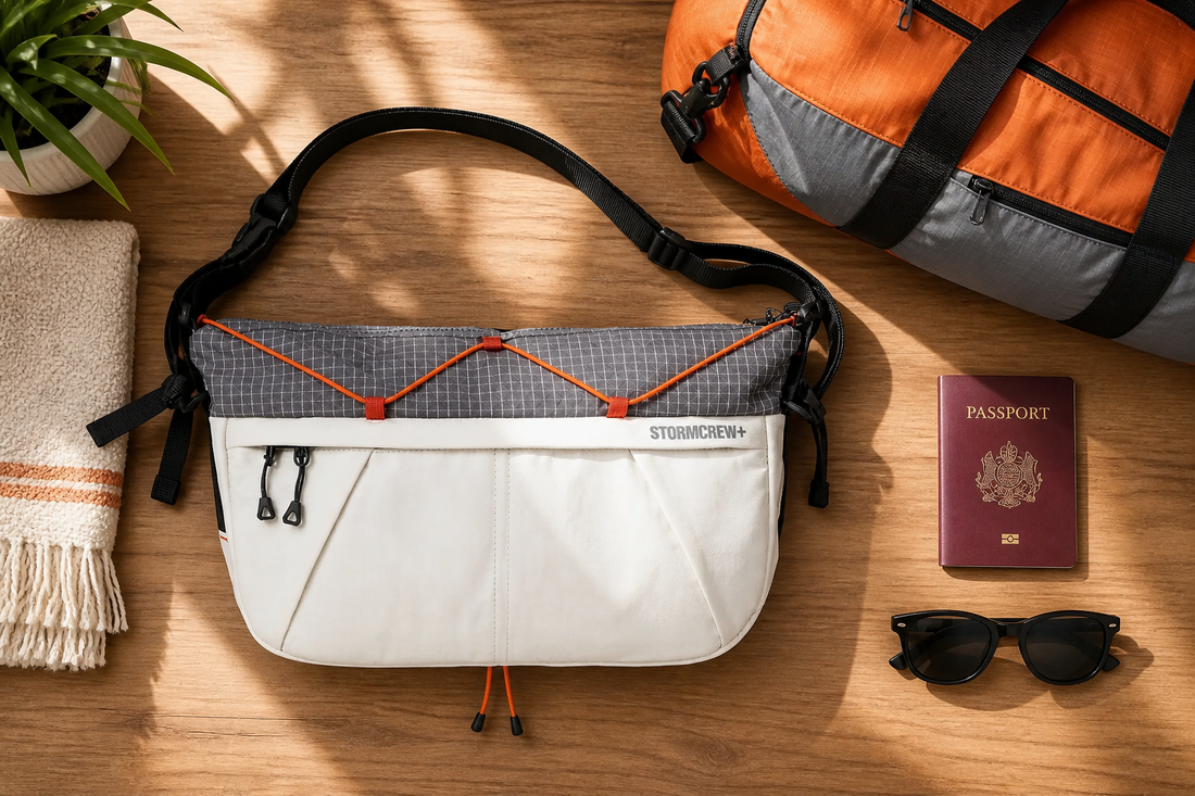 Organized travel gear featuring a versatile men trip bag, orange duffel, passport, and sunglasses on a wooden table.
