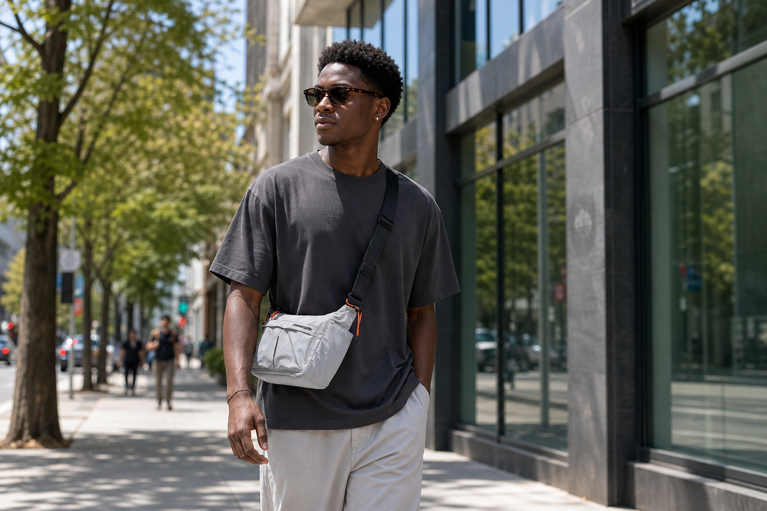 Man walking down a city street wearing a grey bag, showing the ideal sling bag size for daily commuting.