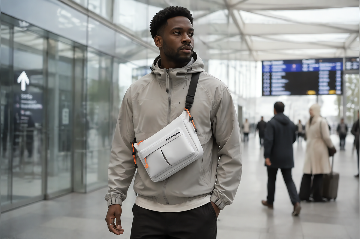 Man carrying a sleek weatherproof sling bag in a transit station, illustrating what is a good daily bag for men.