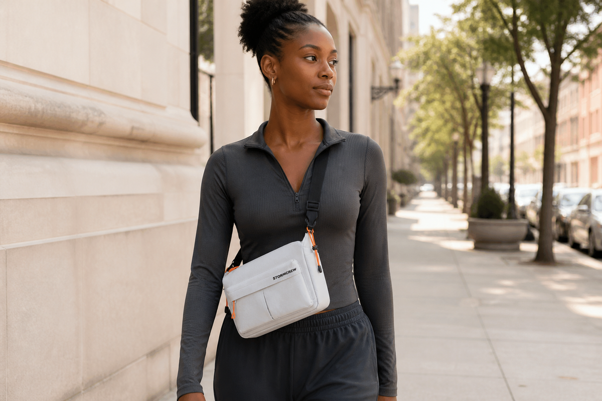 Woman walking on a city sidewalk wearing a compact sling bag, showing what to carry in a crossbody bag.